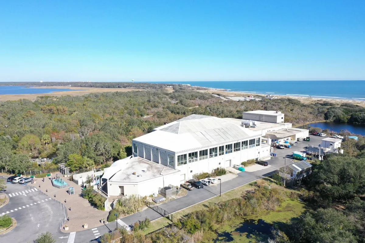 An exterior shot showcases a large building surrounded by greenery, with the ocean visible in the background and a parking area in front. The open space and welcoming environment suggest a community gathering spot.