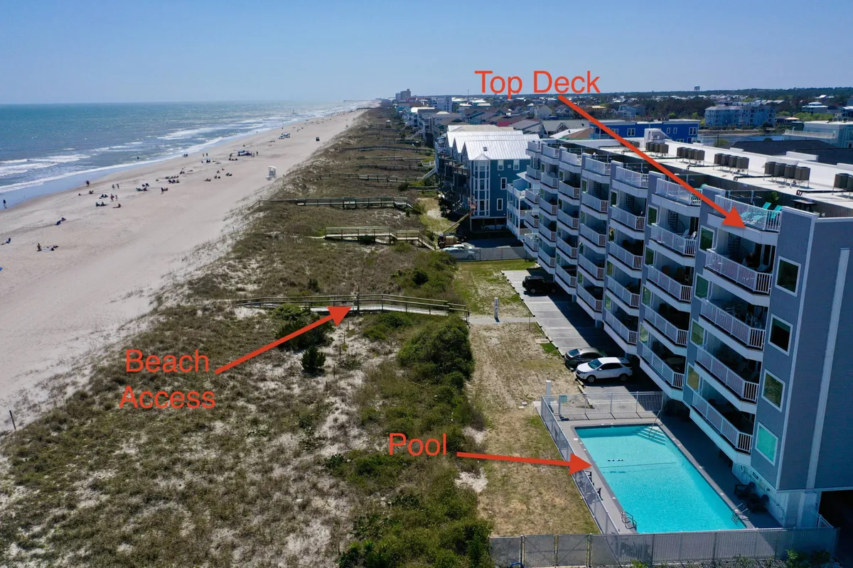 A wide-angle exterior view encompassing the inviting community swimming pool, direct beach access pathways, and the top deck of the condo, all set against a backdrop of the ocean and coastal landscape.